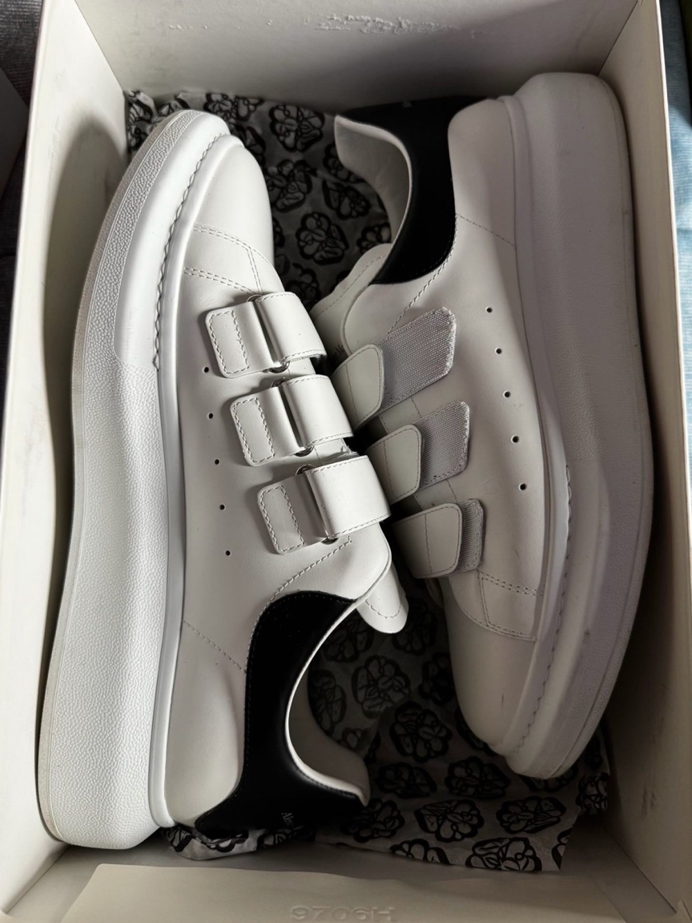 White Men’s Leather Alexander McQueen Sneakers with Black Heel - Velcro Straps